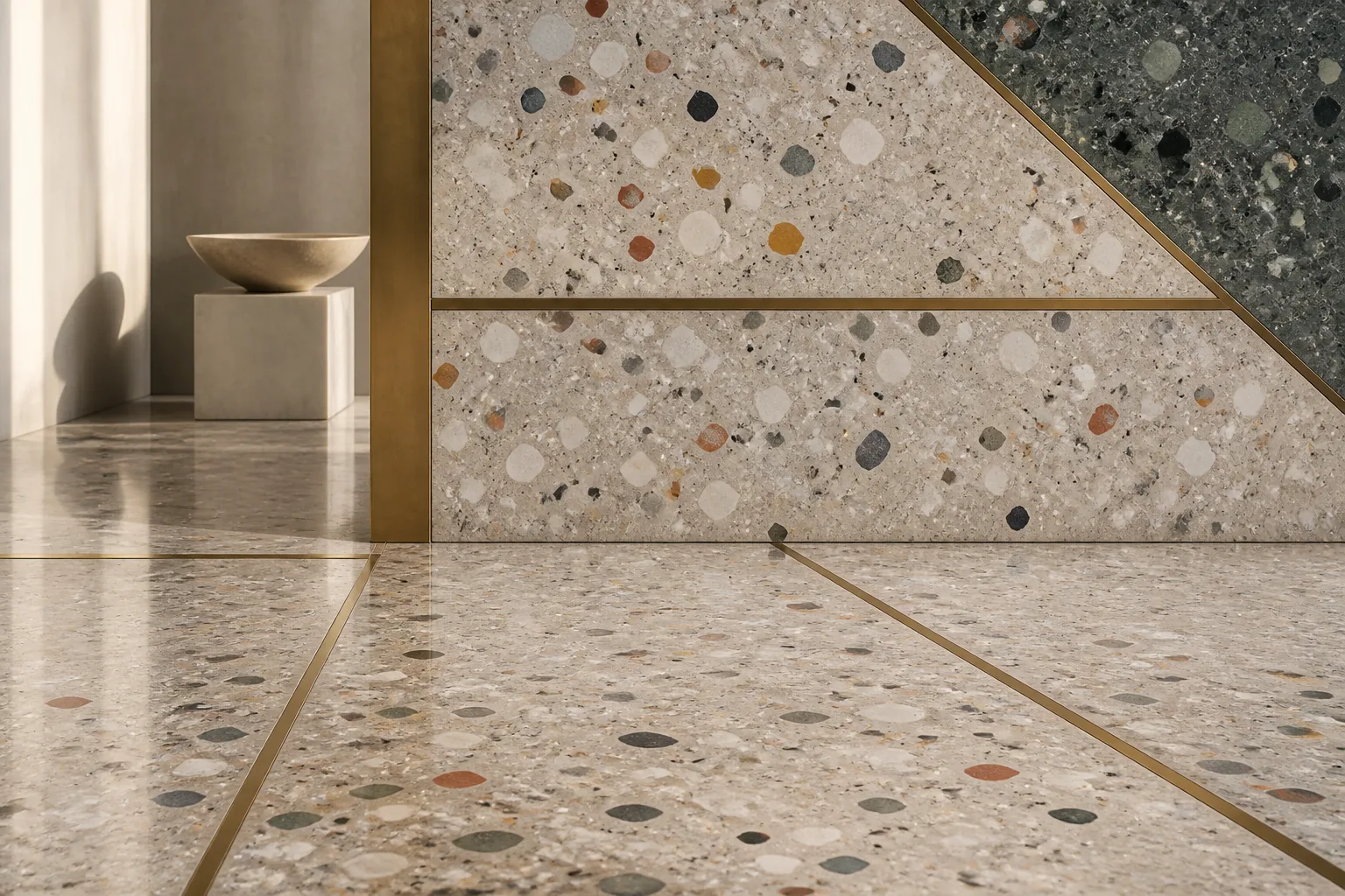 Editorial AI illustration: Fragment, binder and seamless surface: an editorial visualization of terrazzo.