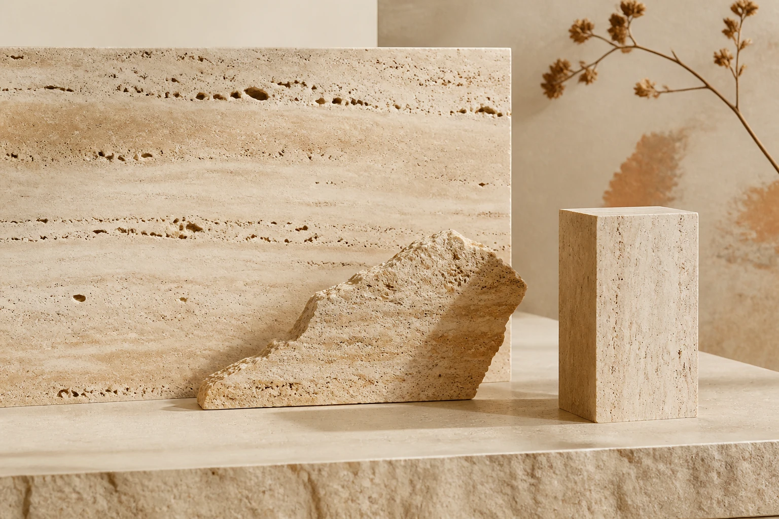 Editorial visualization of travertine with porous surface, sediment layers and an architectural fragment