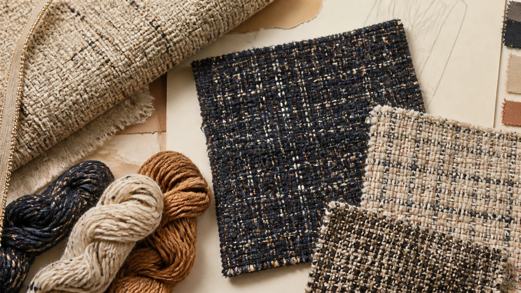 Editorial AI illustration: tweed weave, contrasting yarns, edge detail and textile swatches