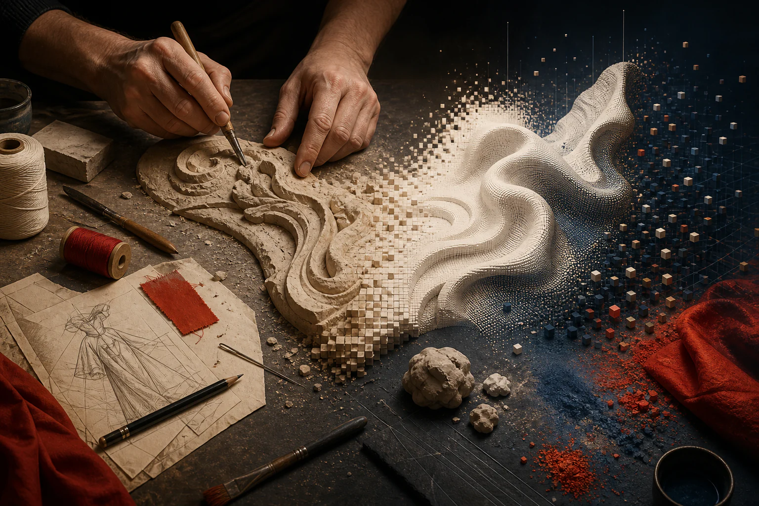 From craft to digital craft — where mastery begins — editorial illustration of archive, citation and repetition.