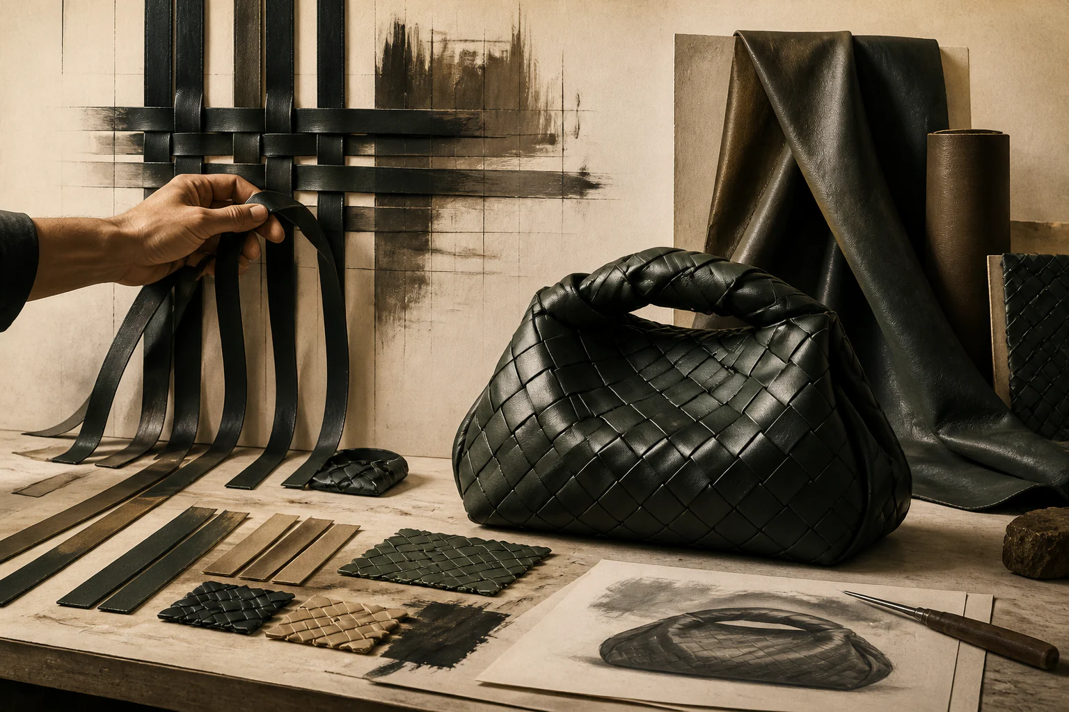 Bottega Veneta: weaving instead of a logotype — a unique editorial AI illustration visualizing the article's subject.