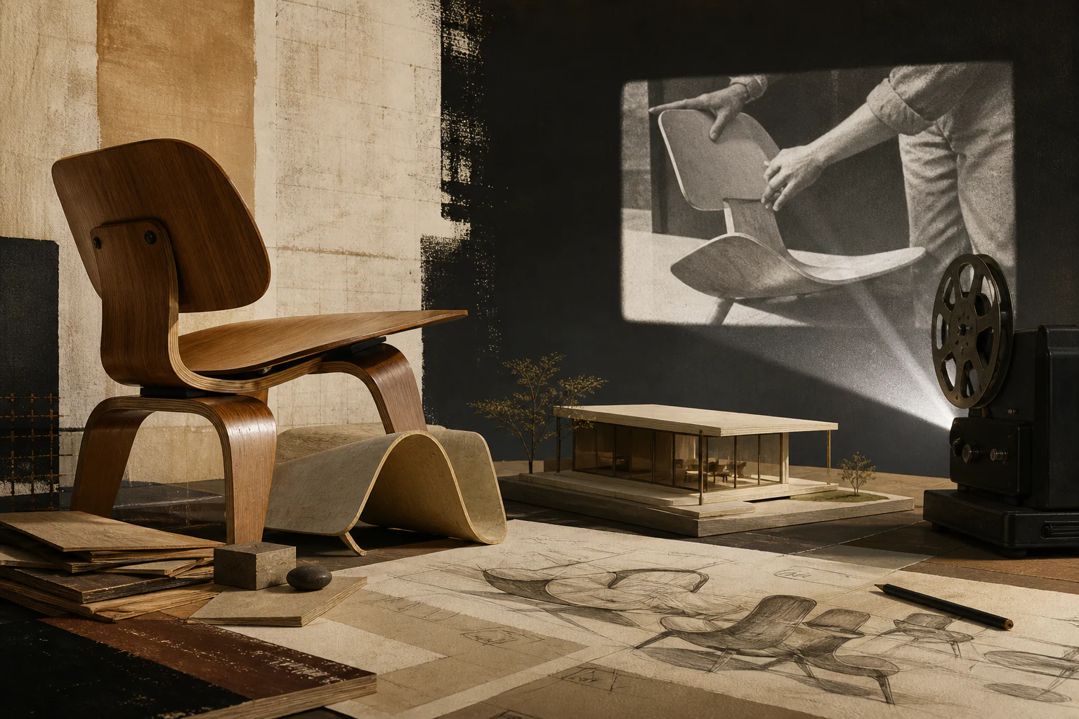 Eames: plywood, house, film, and experiment as one method — a unique editorial AI illustration visualizing the article's subject.