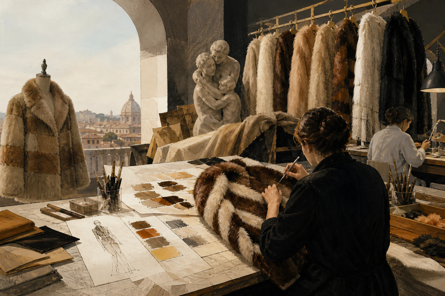 Fendi: fur, family, and the longest authorship in fashion — a unique editorial AI illustration visualizing the article's subject.