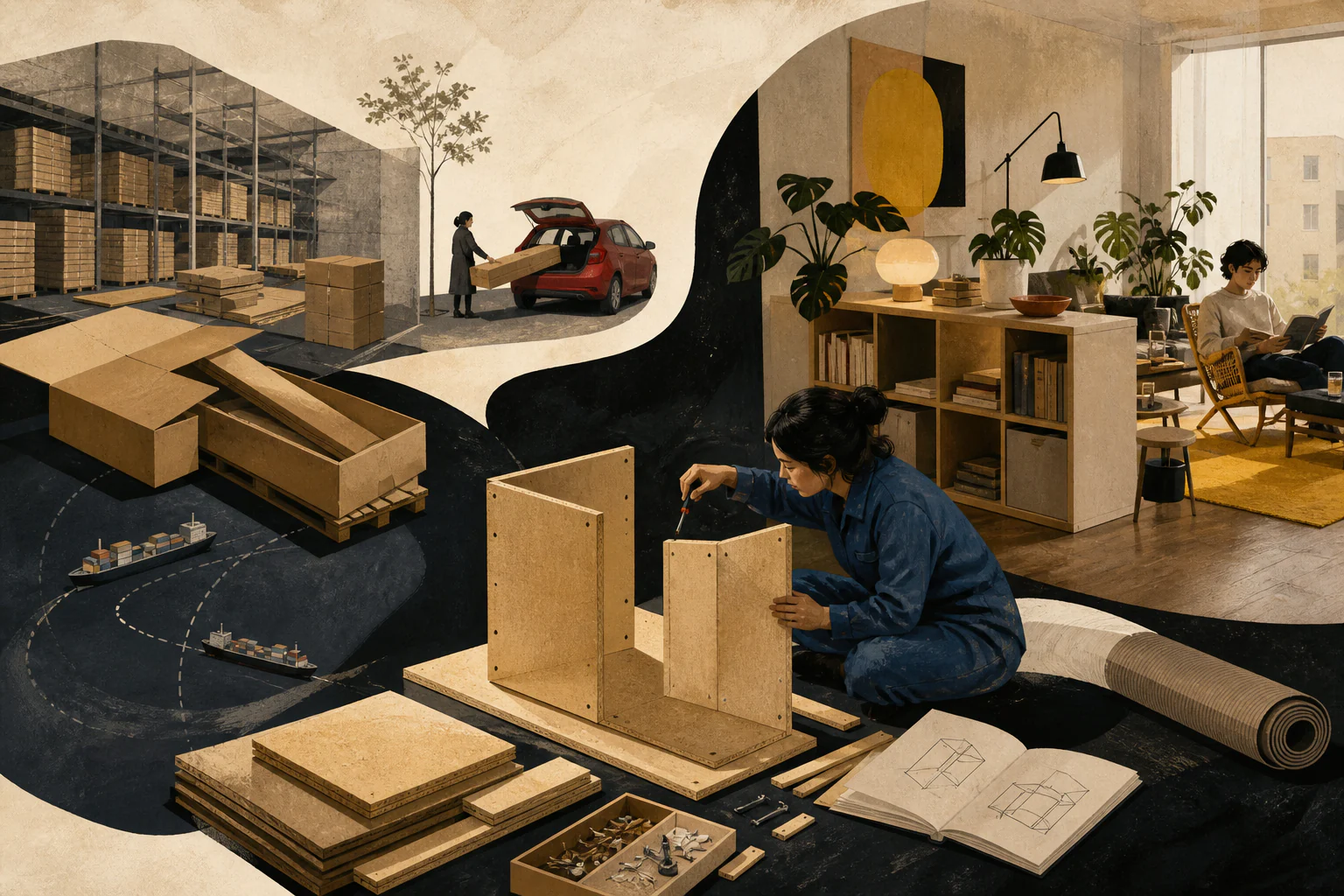 IKEA: flat pack as a cultural and logistical system — a unique editorial AI illustration visualizing the article's subject.