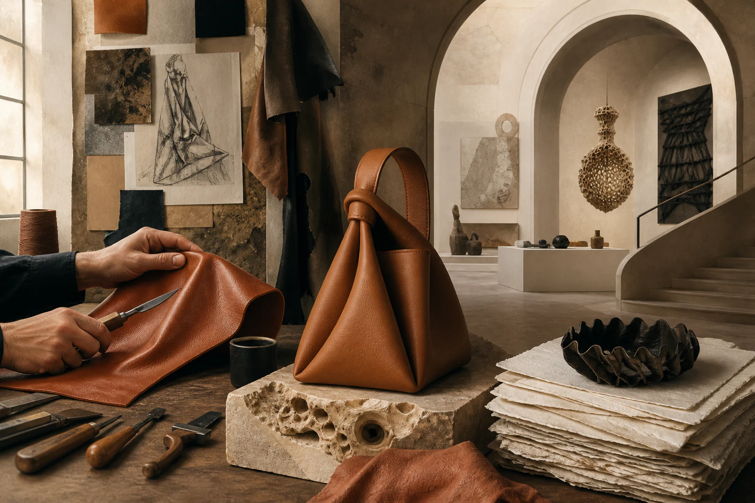 Loewe: the leather workshop as a cultural institution — a unique editorial AI illustration visualizing the article's subject.