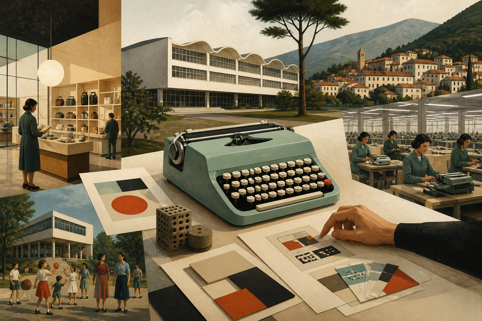 Olivetti: компания как тотальный проект дизайна — уникальная редакционная AI-иллюстрация, визуализирующая тему материала.