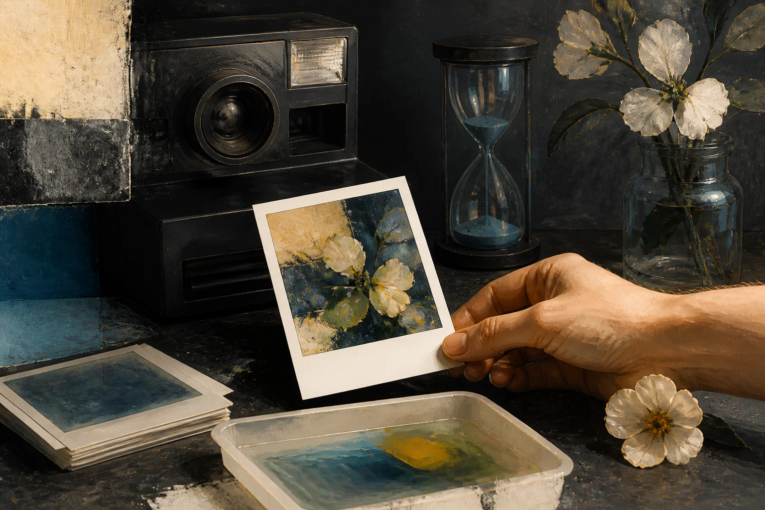 Polaroid: image as a physical event — a unique editorial AI illustration visualizing the article's subject.