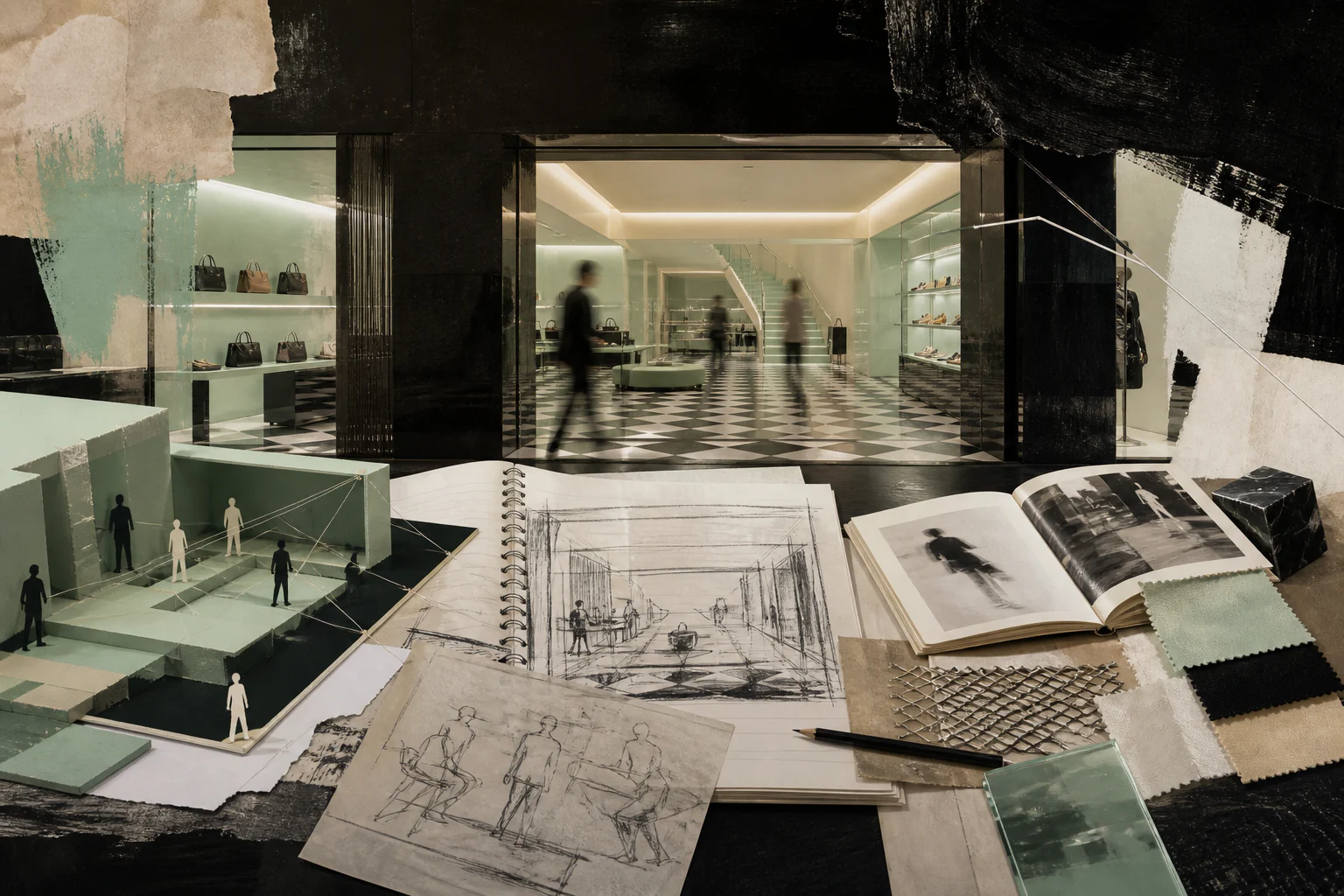 Prada Epicenter: when the store became a research project — a unique editorial AI illustration visualizing the article's subject.