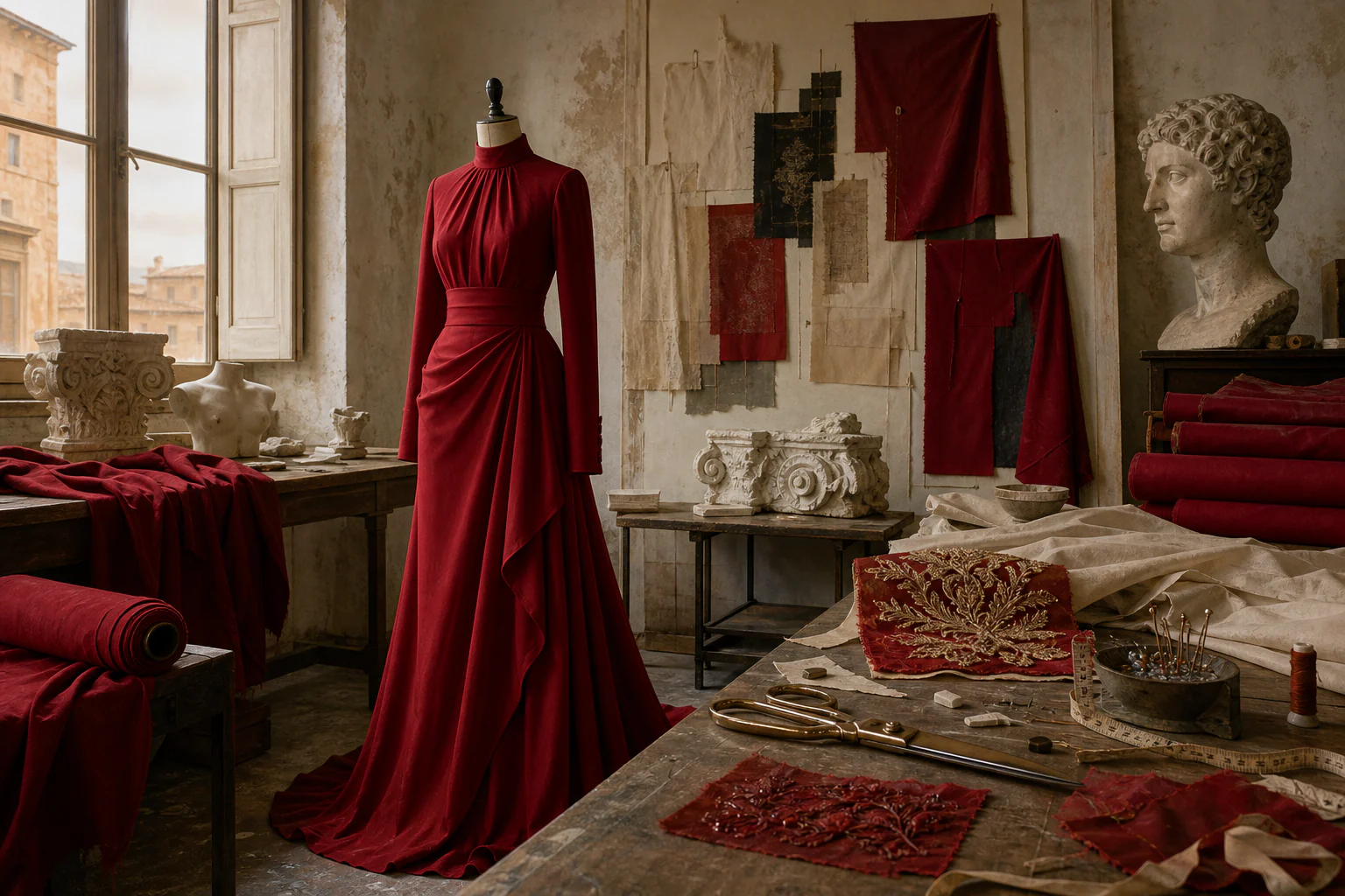 Valentino: the Roman atelier as a couture system — a unique editorial AI illustration visualizing the article's subject.