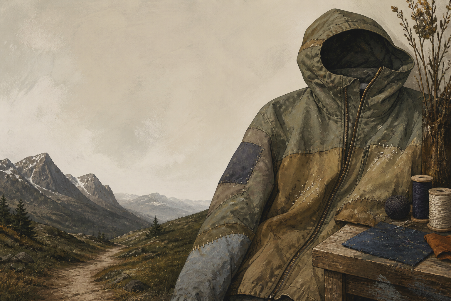 Patagonia «Worn Wear»: как сделать следы носки главным рекламным материалом — оригинальная редакционная AI-иллюстрация о производственном механизме материала.