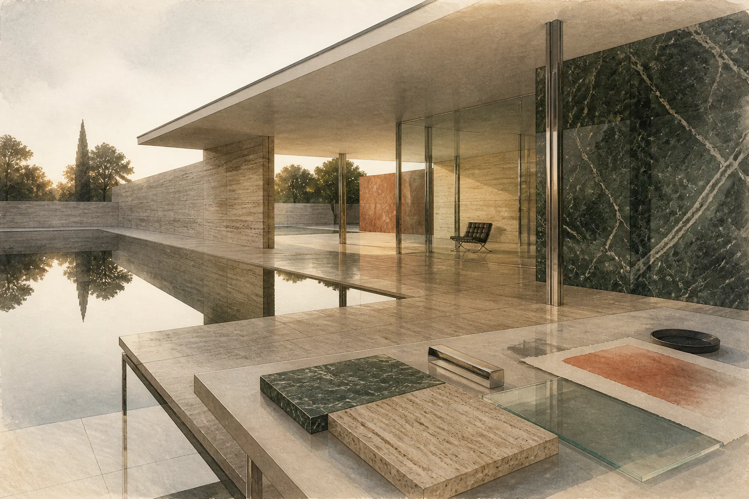 Barcelona Pavilion — уникальная редакционная AI-иллюстрация, визуализирующая тему материала.
