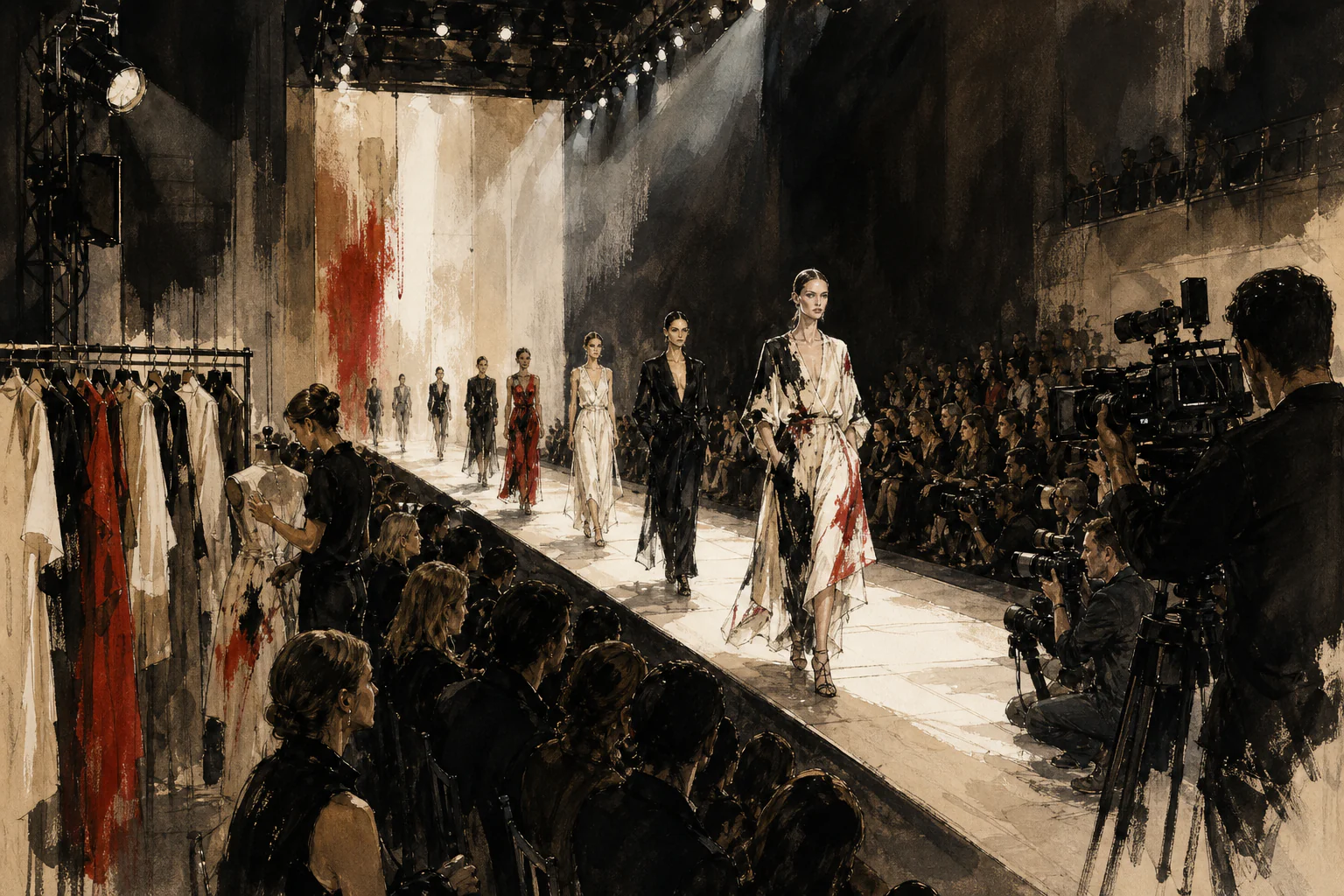 The Fashion Show — from Collection Presentation to Media Event — a unique editorial AI illustration visualizing the article's subject.
