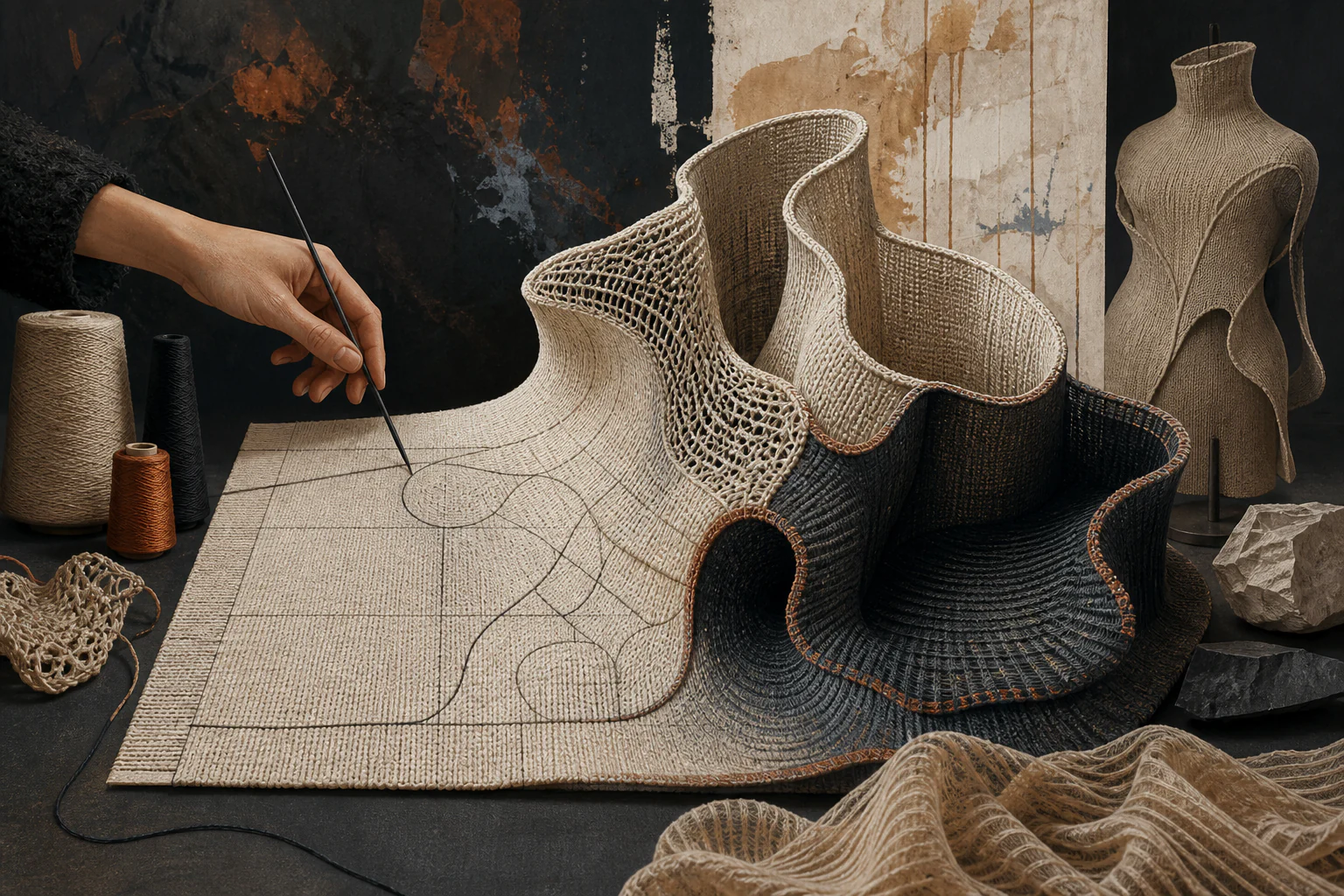 Knitting — Producing Surface and Form at the Same Time — a unique editorial AI illustration visualizing the article's subject.
