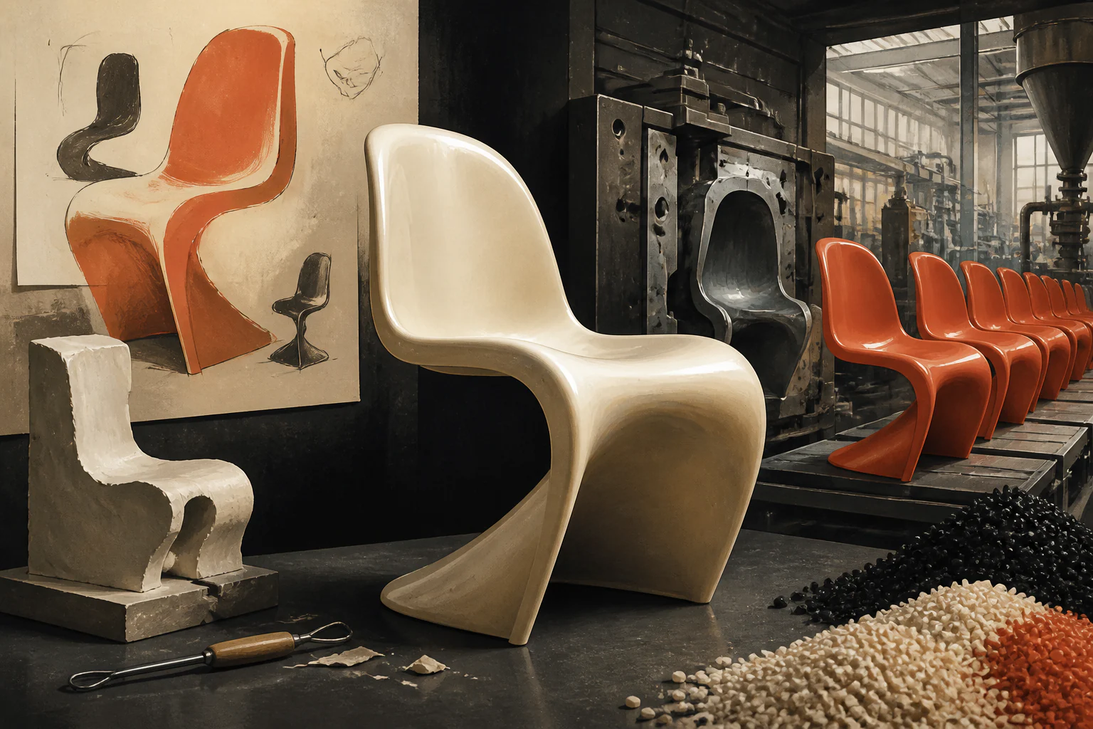 Panton Chair — уникальная редакционная AI-иллюстрация, визуализирующая тему материала.