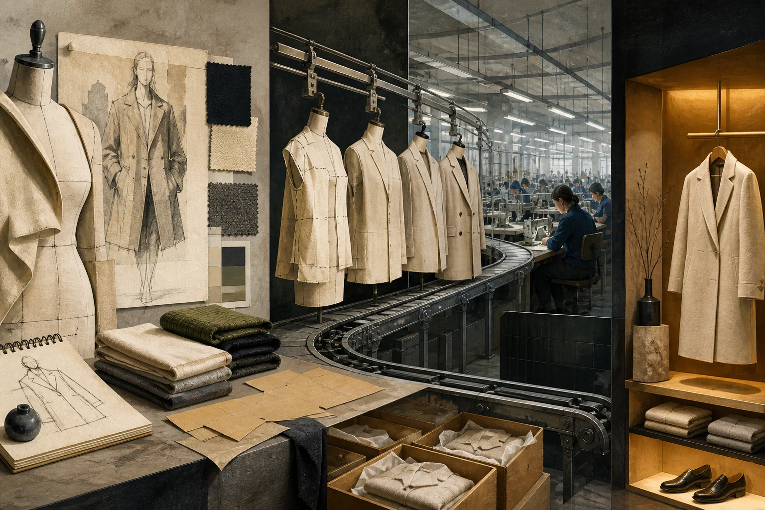 Ready-to-Wear — Designer Clothing as an Industrial System — a unique editorial AI illustration visualizing the article's subject.