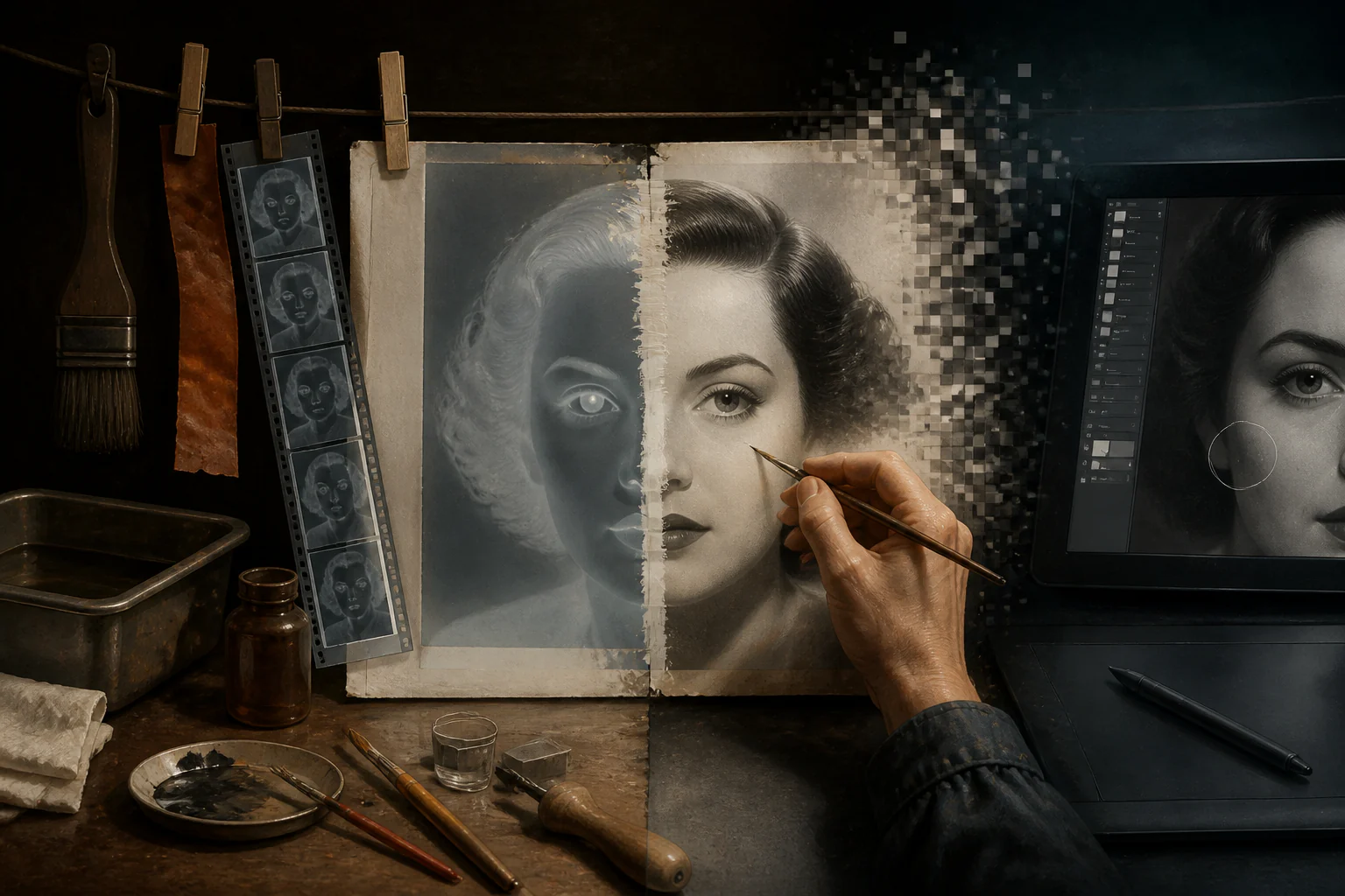 Retouching — From Negative to Digital Image — a unique editorial AI illustration visualizing the article's subject.