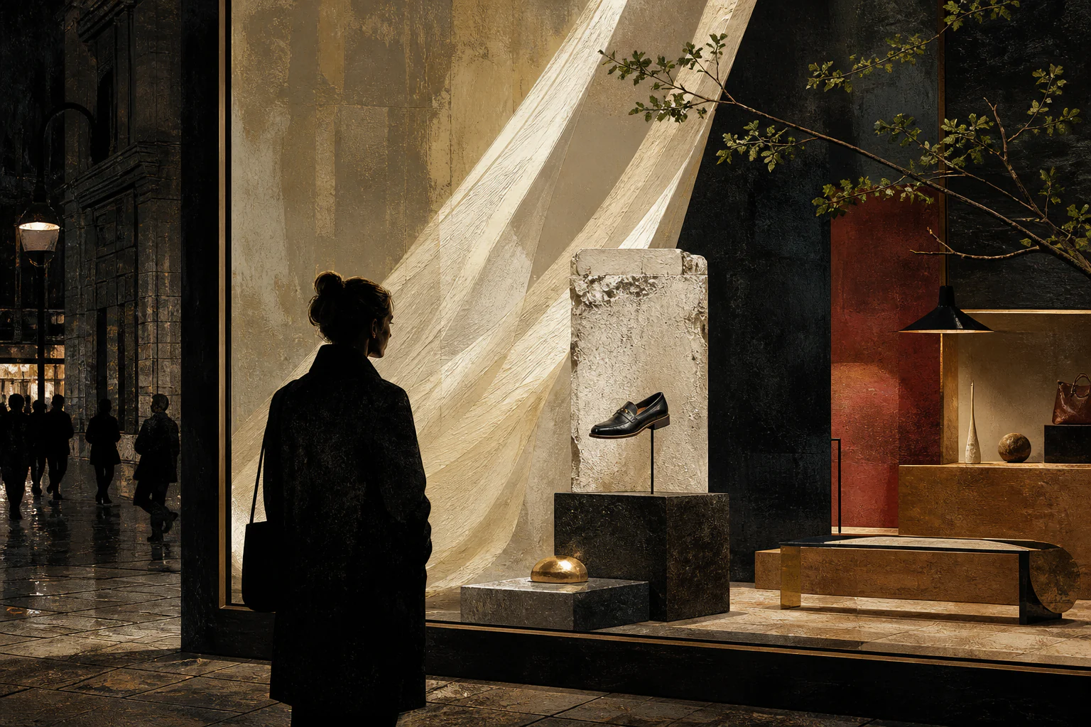 The Shop Window — Product Theatre Between Street and Interior — a unique editorial AI illustration visualizing the article's subject.