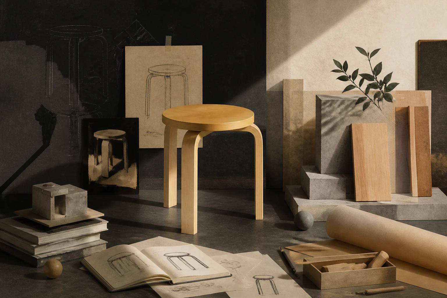 Ulm Stool — уникальная редакционная AI-иллюстрация, визуализирующая тему материала.