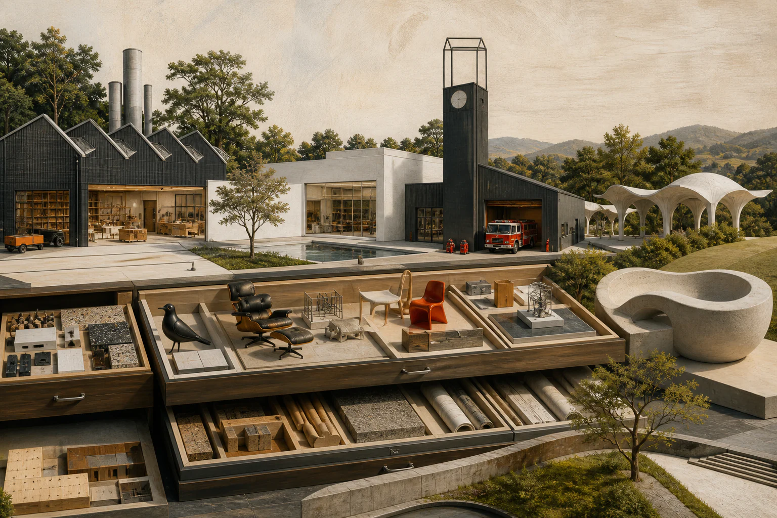 Vitra Campus as an Encyclopedia of Architecture and Objects — a unique editorial AI illustration visualizing the article's subject.