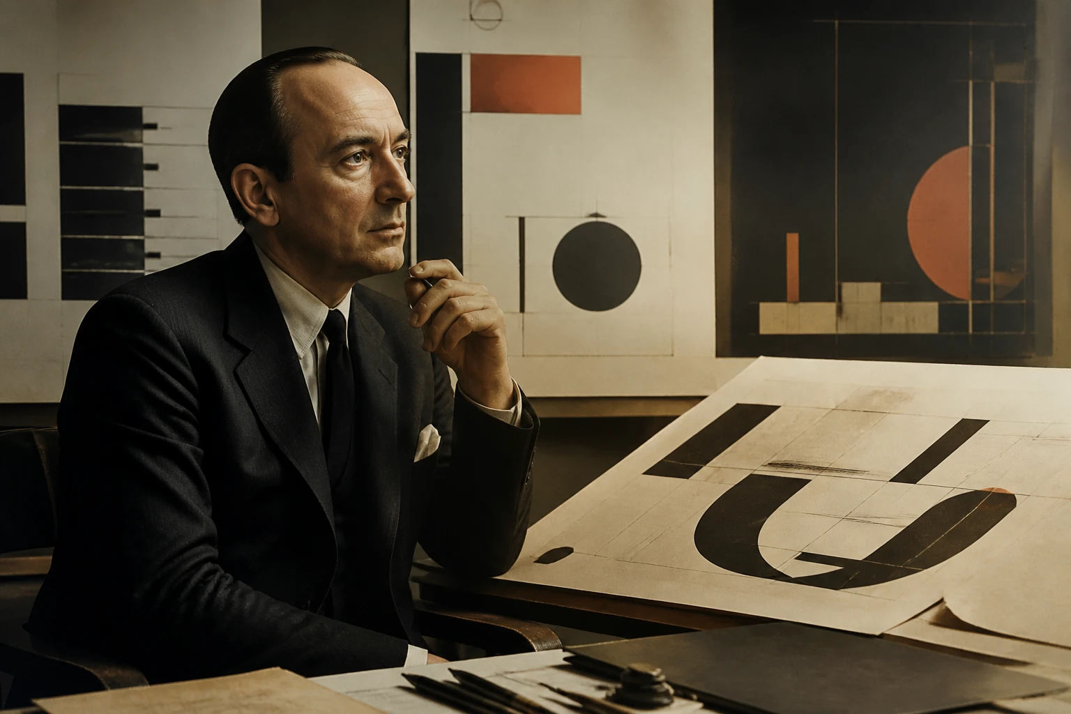 Original editorial portrait of Alexey Brodovitch beside experimental magazine typography