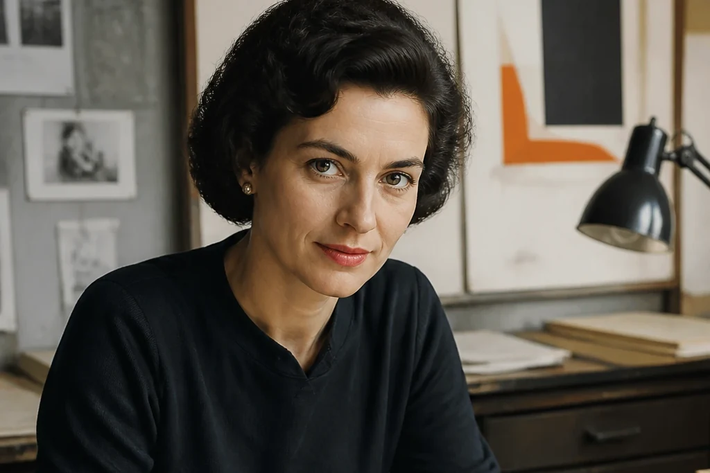 Editorial AI reconstruction: Bea Feitler at a layout table with blocks of colour