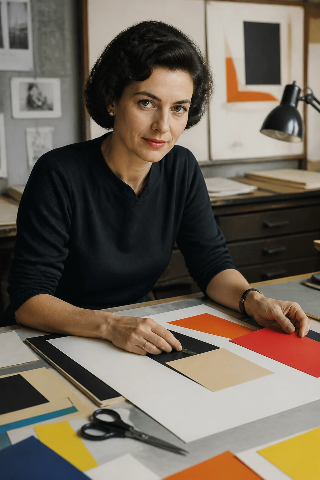 AI reconstruction of Bea Feitler at a table with colour layout sheets.