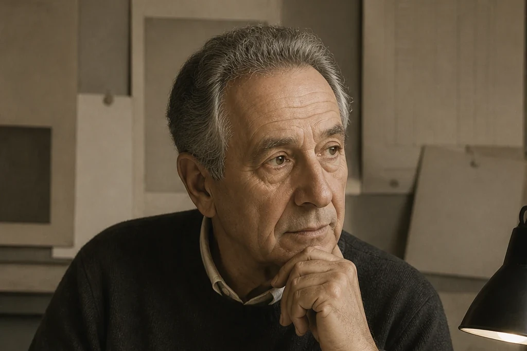 Editorial AI reconstruction: Marvin Israel at a drafting table with a pencil
