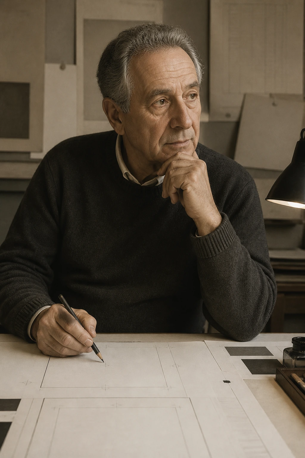 AI reconstruction of Marvin Israel at a table with layouts and proof sheets.