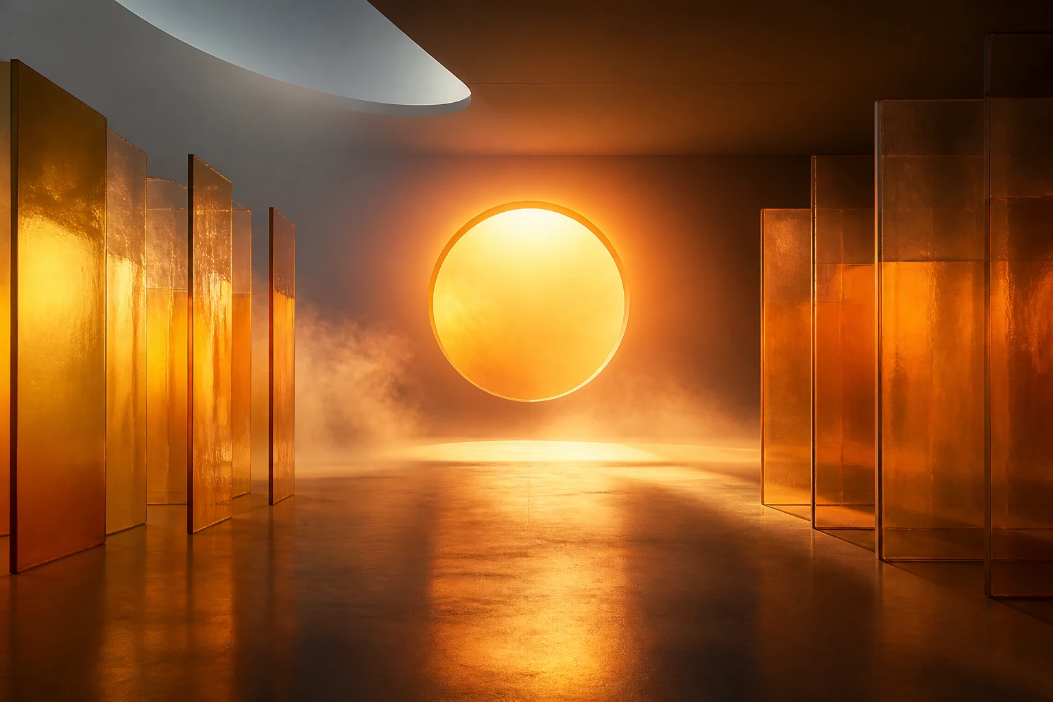 Original editorial portrait of Olafur Eliasson among light, haze and reflective geometric forms