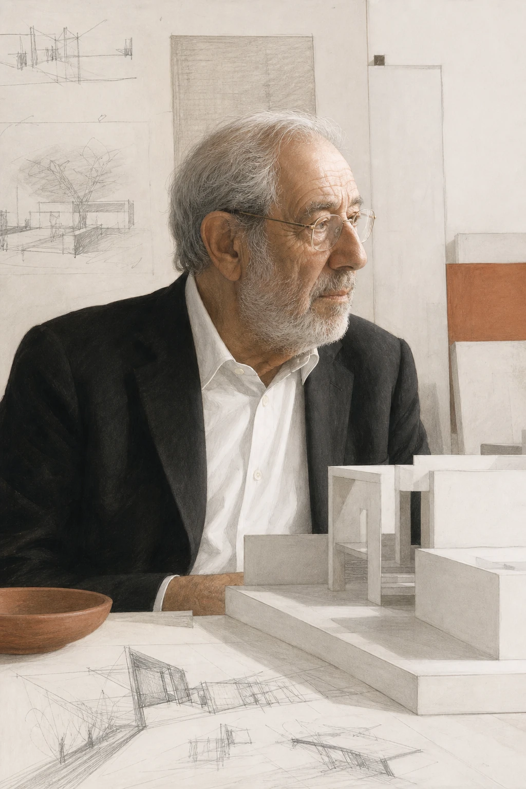 Editorial portrait of Álvaro Siza in a white architecture studio beside a model and sketches