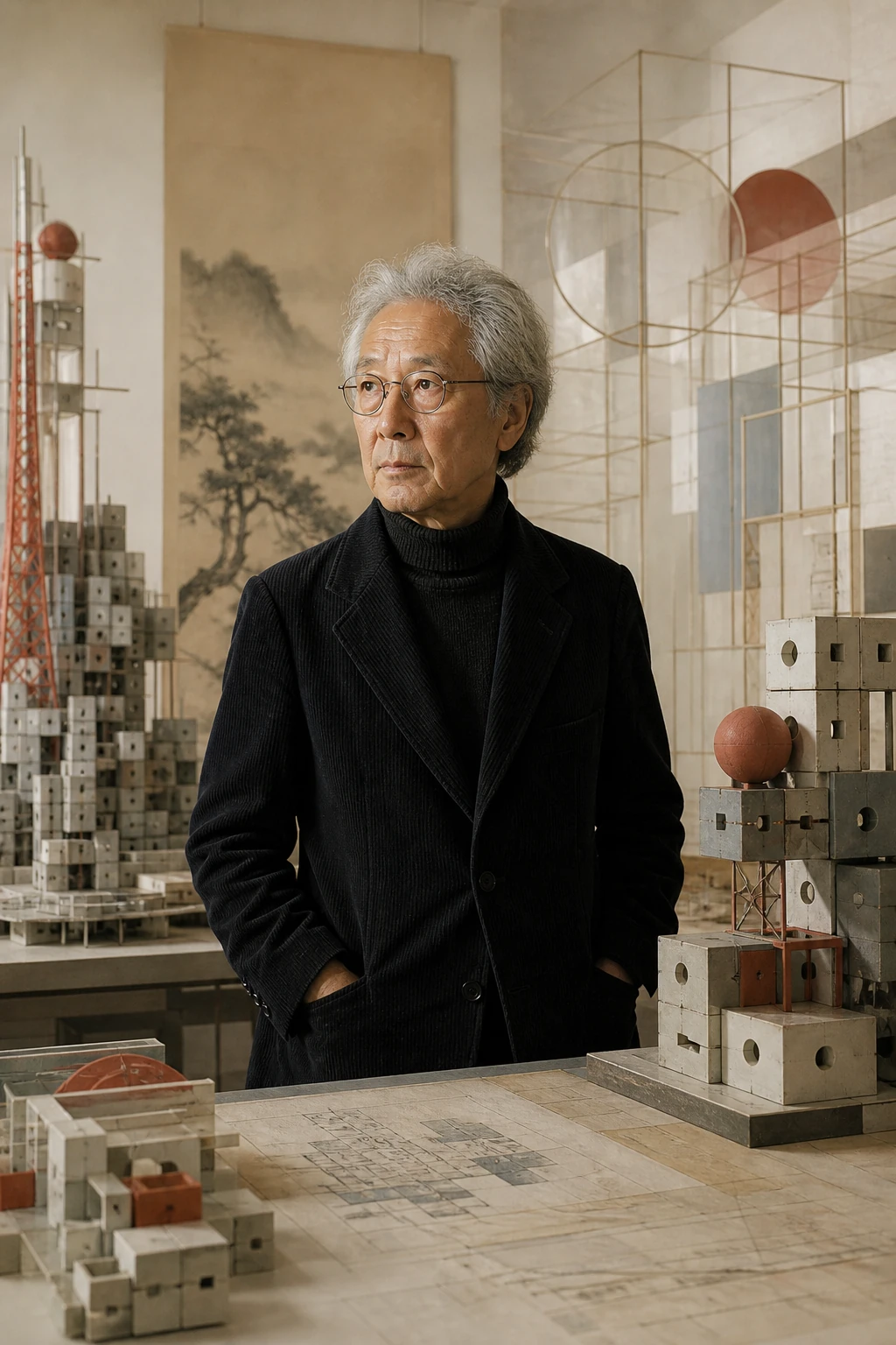 Editorial portrait of Arata Isozaki in a studio with modular city models