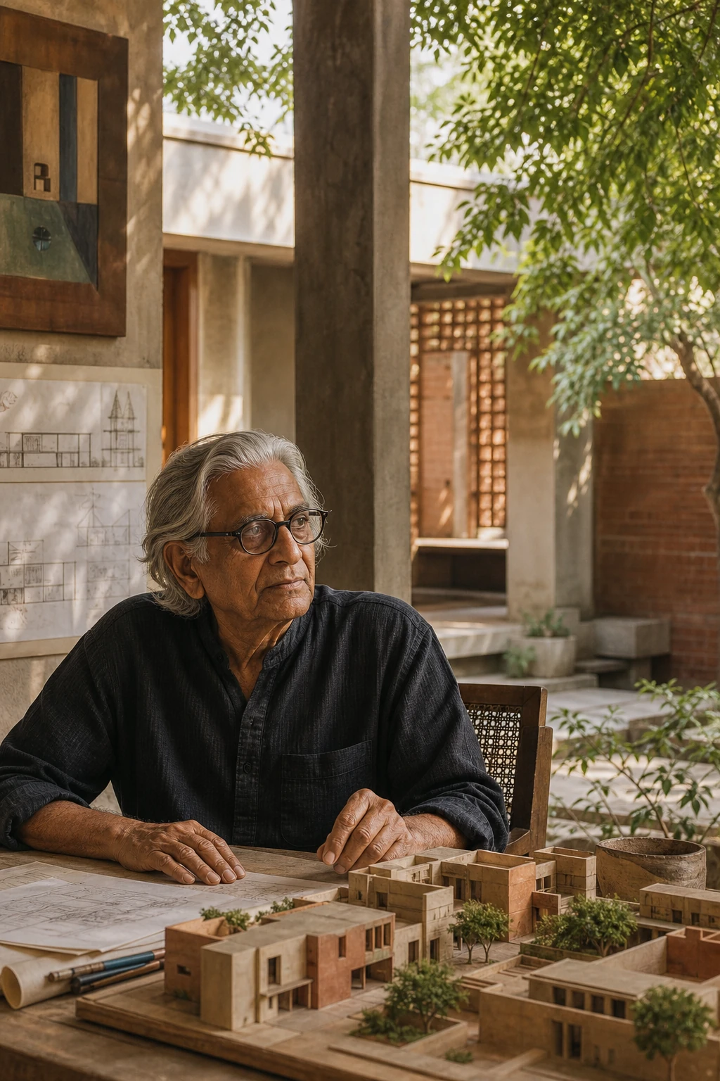 Editorial portrait of Balkrishna Doshi in a shaded courtyard beside a housing model
