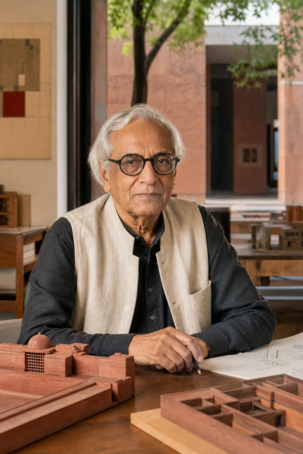 AI editorial portrait of charles correa