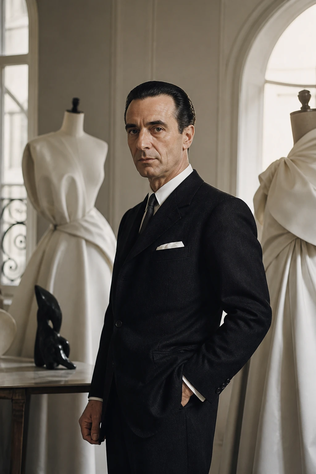 AI editorial portrait of cristobal balenciaga