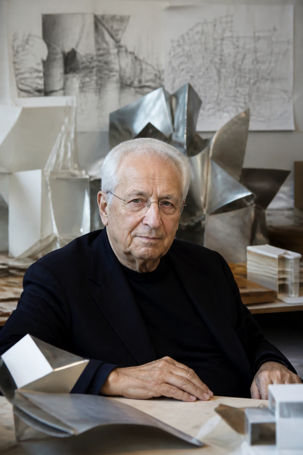 AI editorial portrait of frank gehry