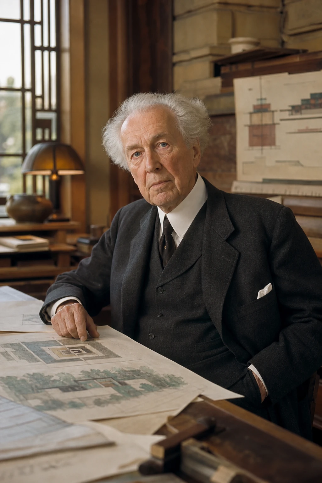 AI editorial portrait of frank lloyd wright