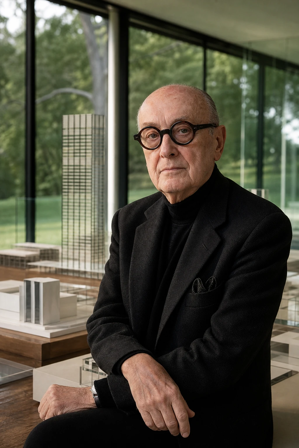 AI editorial portrait of philip johnson