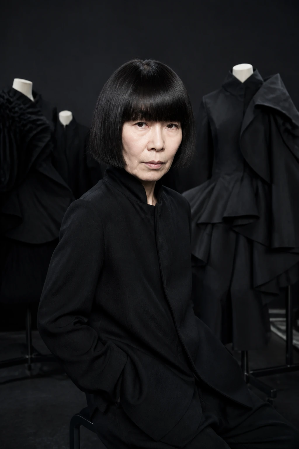 AI editorial portrait of rei kawakubo