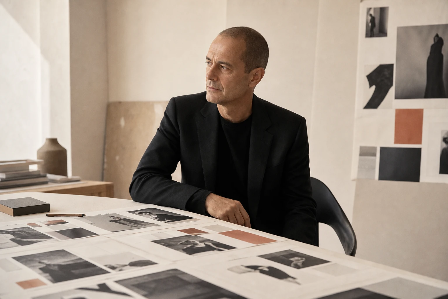 Original editorial portrait of Fabien Baron beside magazine grids and visual layouts