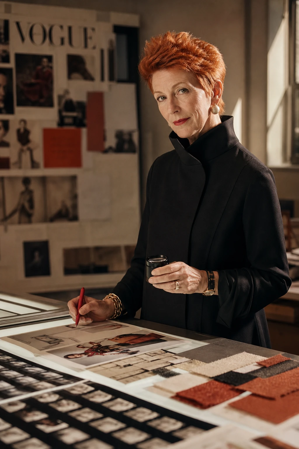 AI reconstruction of Grace Coddington at a light table with contact sheets and a loupe.