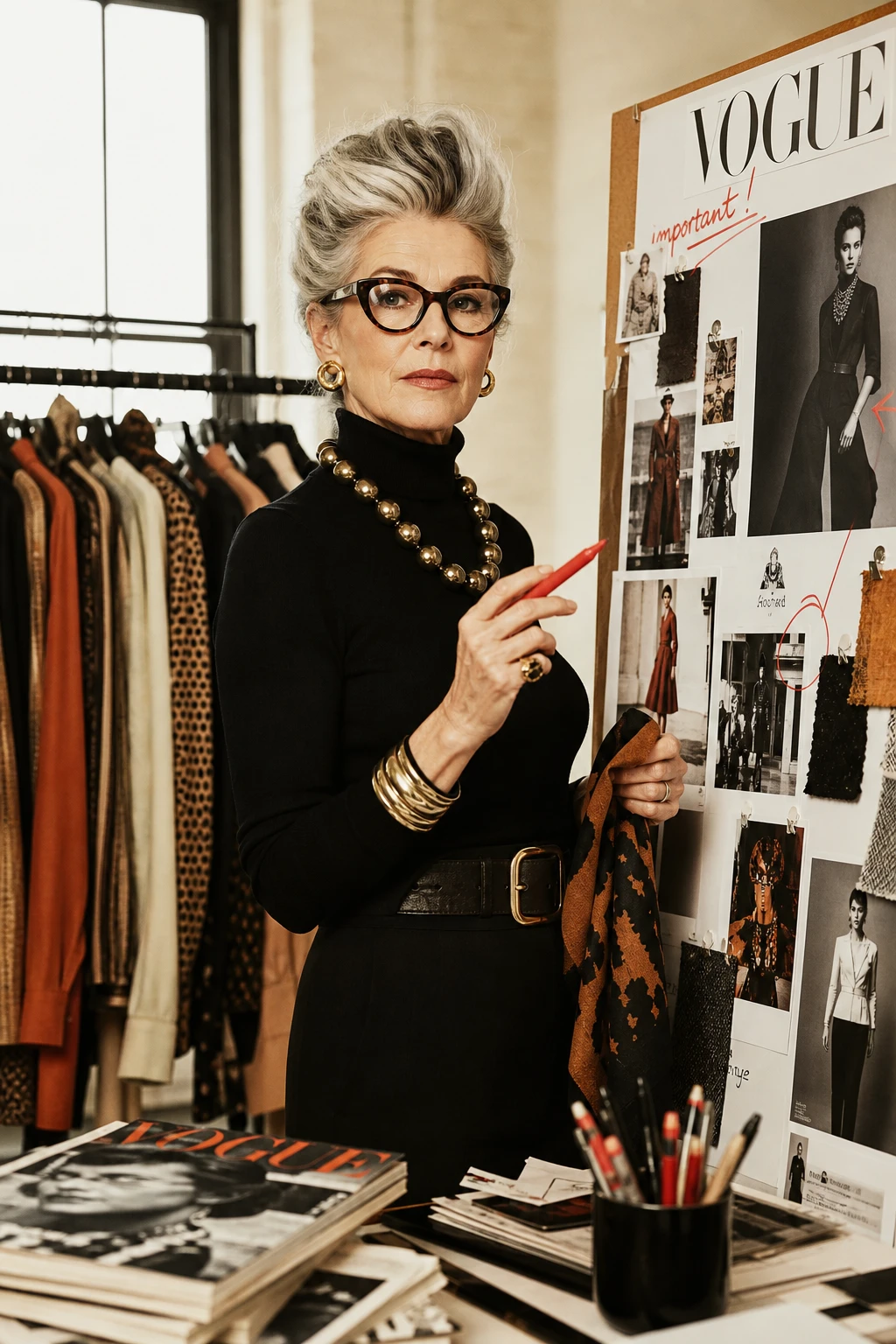 AI reconstruction of Polly Mellen in a studio beside a rack of garments and a printed spread.