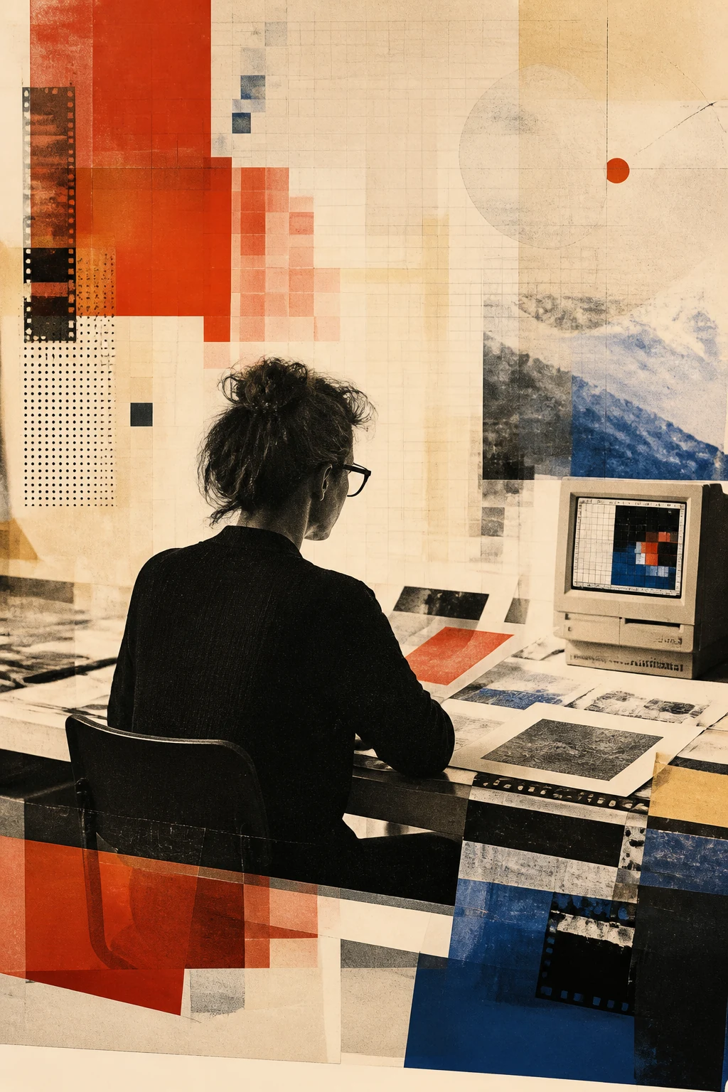 AI editorial portrait illustration of a designer in a studio with transparencies, a pixel grid and paper planes.