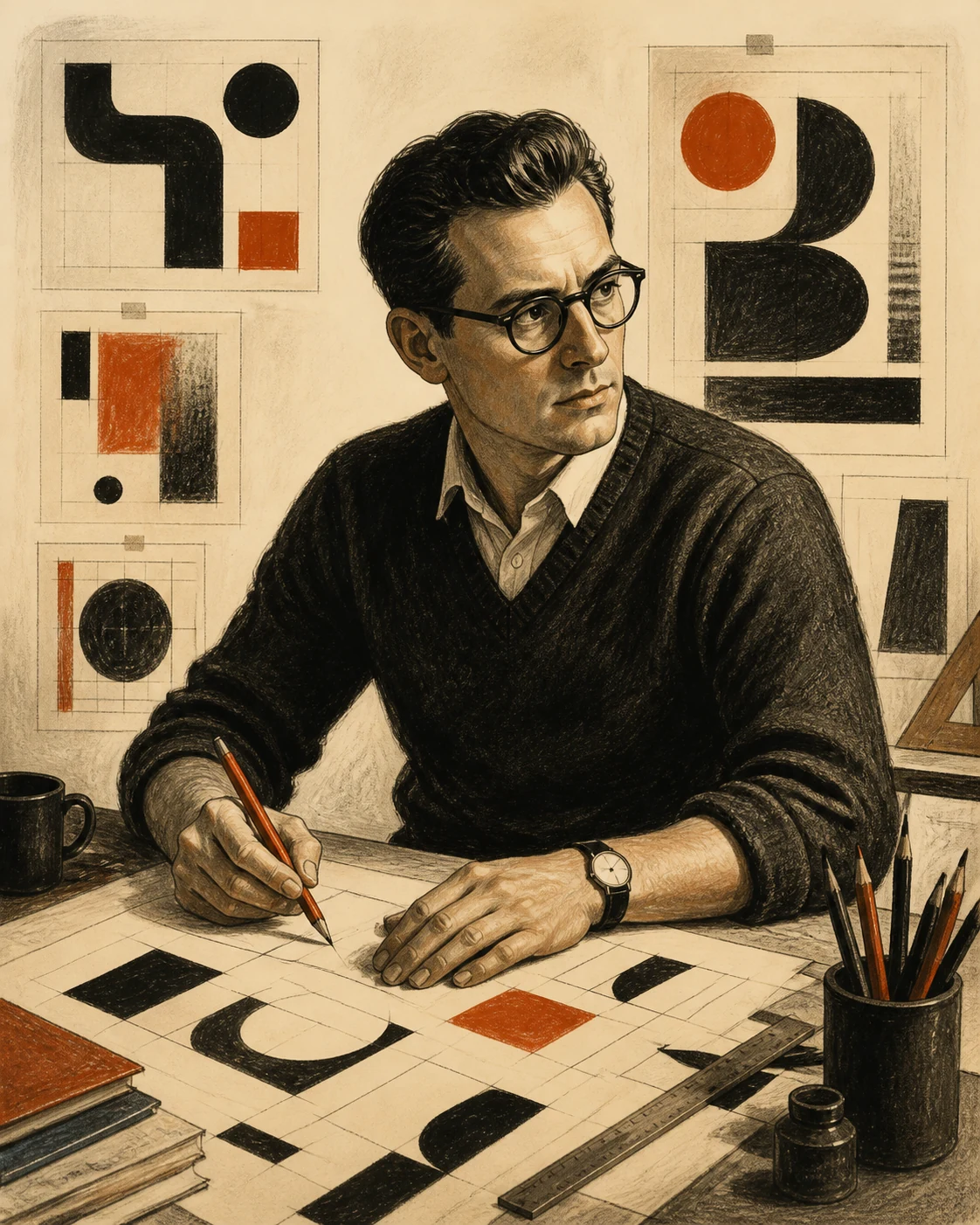 AI editorial portrait illustration of a graphic designer at a desk with proof sheets and typographic forms.