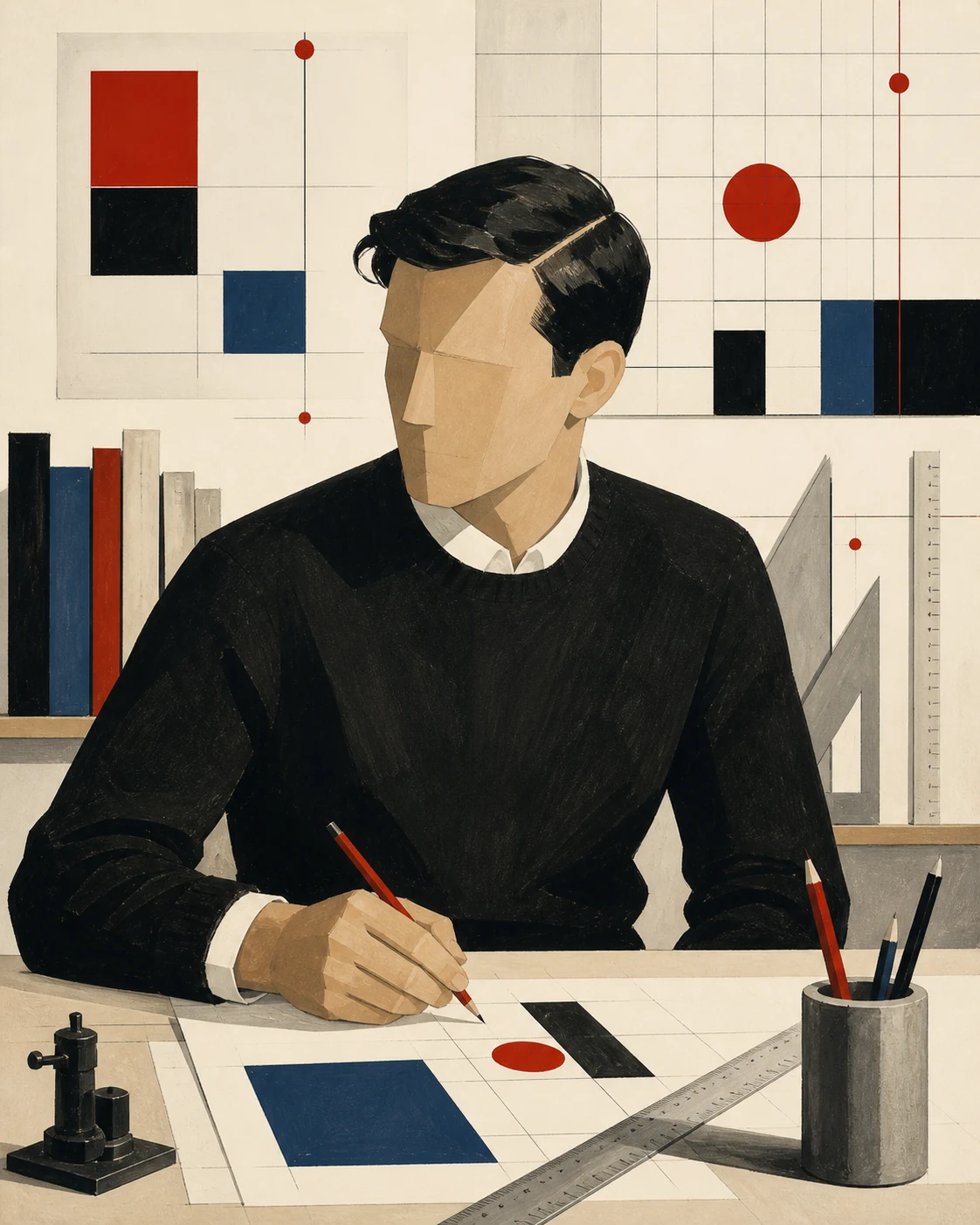 AI editorial portrait illustration of a designer in a studio with a modular grid, ruler and drafting materials.