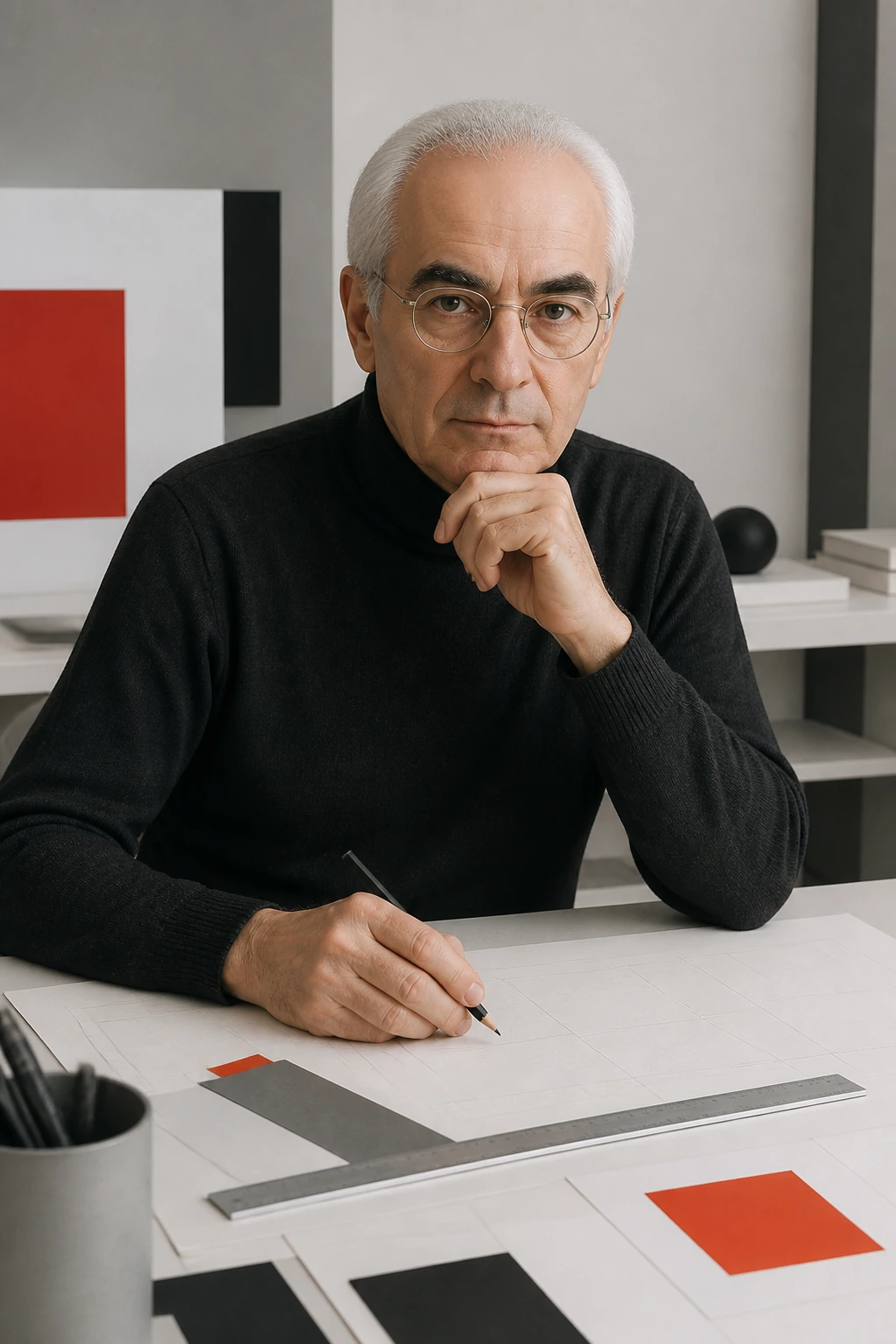 AI reconstruction of Massimo Vignelli at a design table with a modular grid and colour swatches.