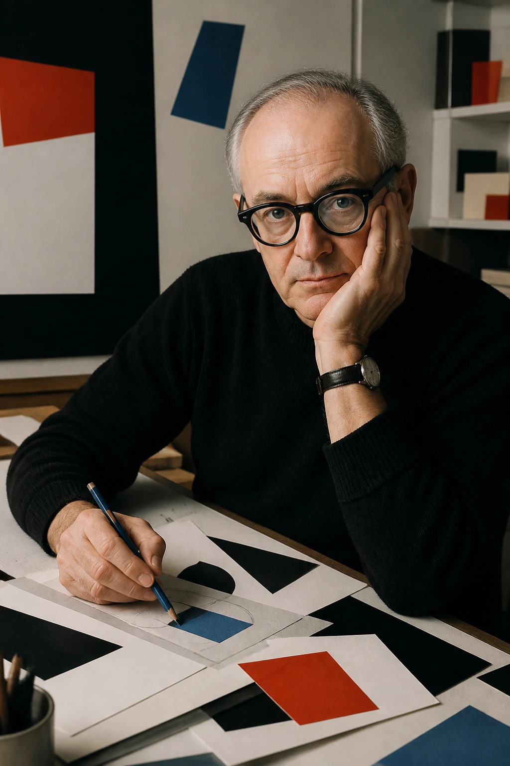 AI reconstruction of Paul Rand at a drawing table with geometric forms.