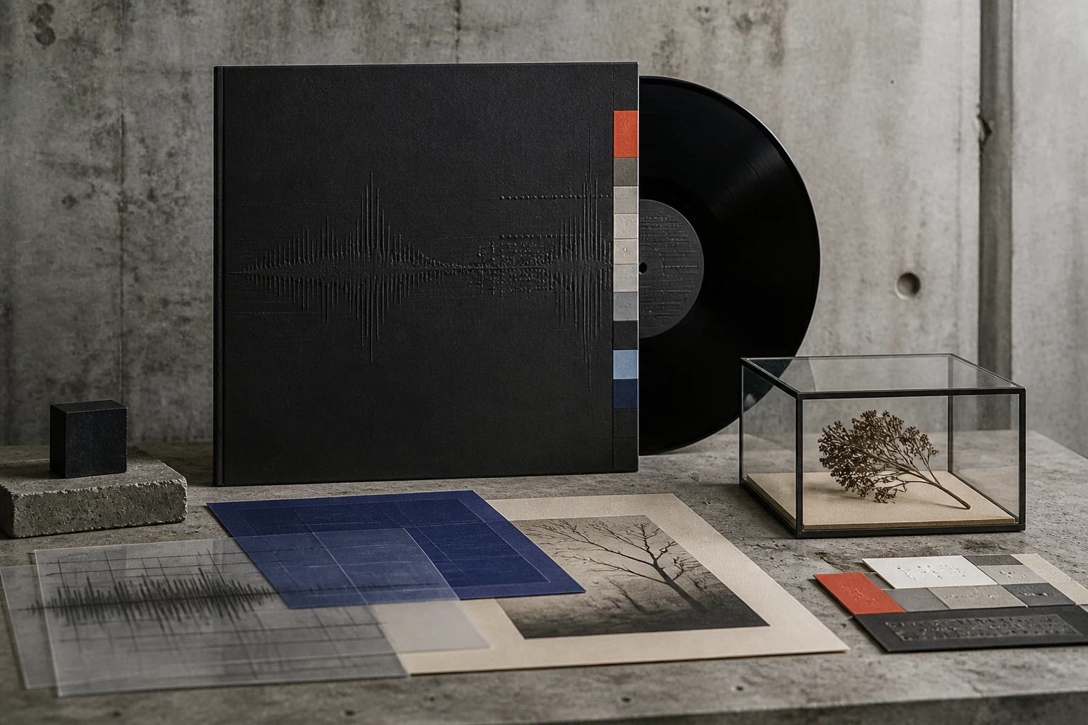 Editorial still life combining a music carrier, scientific waveform, modular grid and archival botanical fragment