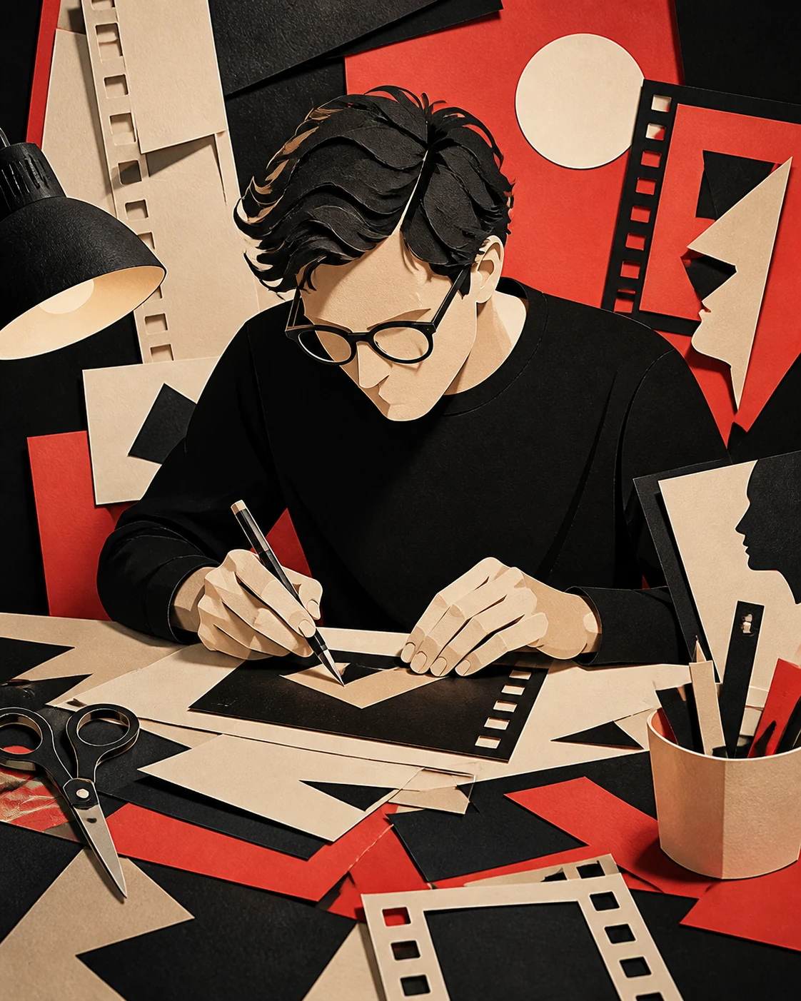 AI editorial portrait illustration of a designer in a paper-cut studio with scissors, silhouettes and cinematic rhythm.
