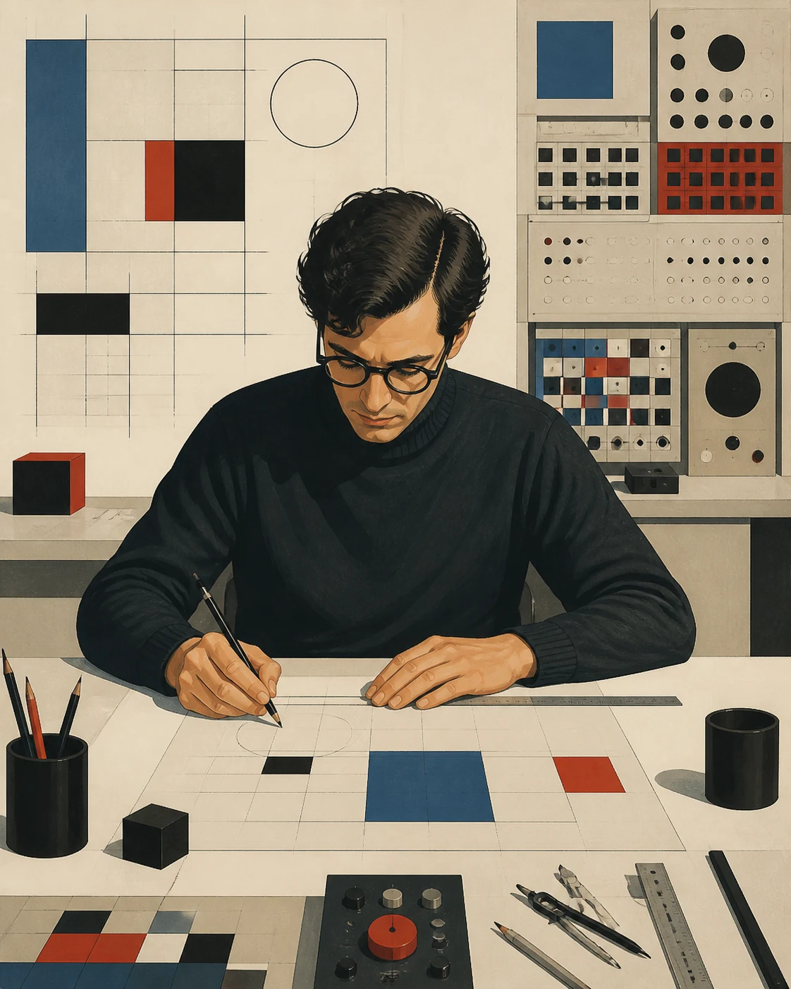 AI editorial portrait illustration of a designer in a technology-minded studio with modular displays and drafting grid.