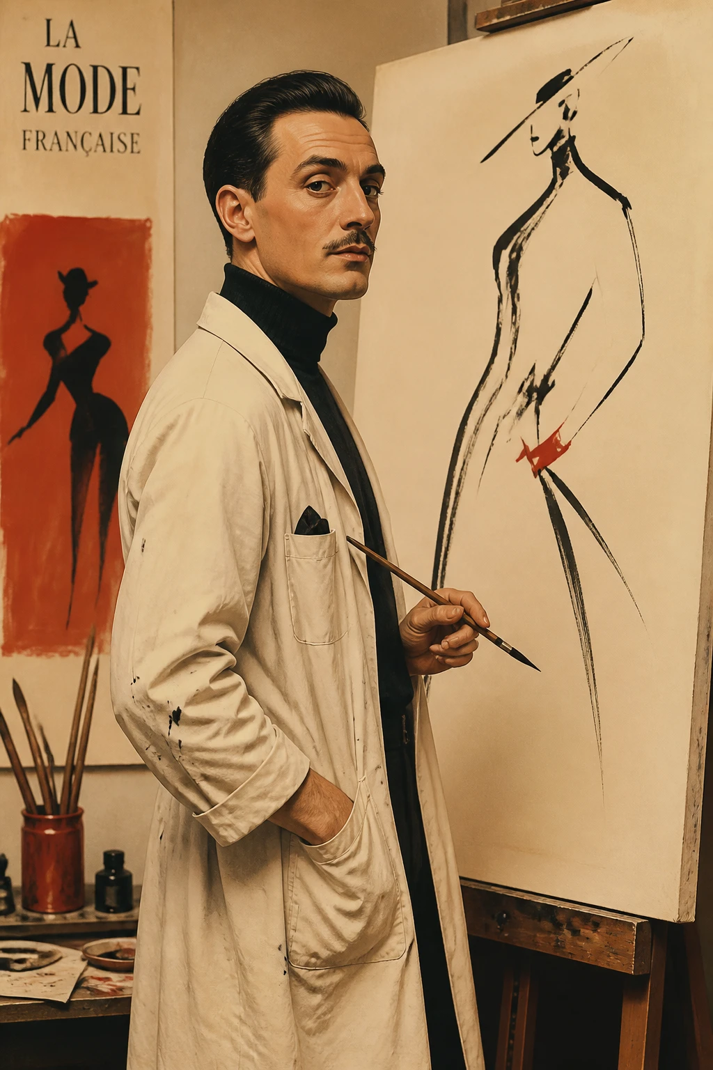 AI reconstruction of Rene Gruau before a canvas with bold lines and a red accent.